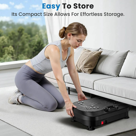 Woman storing Vibe Plate Vibration Exercise Machine For Lymphatic Drainage 200 Levels under couch