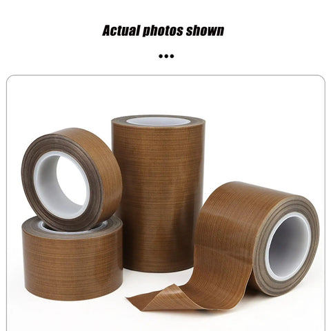 PTFE Teflon High Temperature Tape For Heat Sealers With Nonstick Adhesive rolls, showing 33 ft length and 0.18 mm thickness.