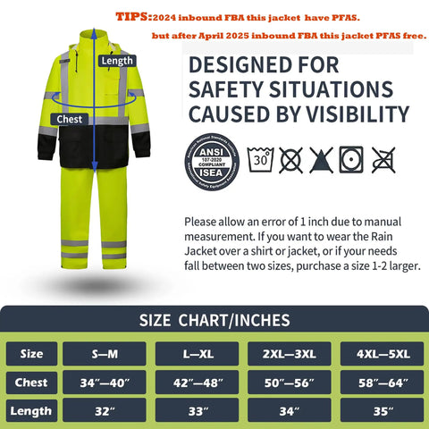High Visibility Yellow Rain Gear For Men, ANSI Class 3 Reflective Rain Coat And Pants Set with size chart and measurements.