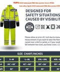 High Visibility Class 3 Work Rain Gear For Men Waterproof Rain Suit with size chart, ANSI certified, reflective strips, safety tips.