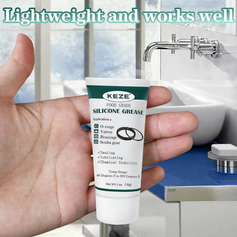 Hand holding a tube of Food Grade Silicone Grease With Brush 1 Oz 2 Pack For Faucets O Rings Gaskets Pool Valves Water Filters Plumbers Lubricant