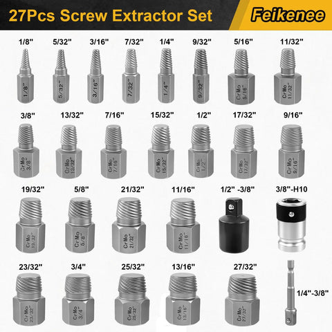 27 Piece Screw Extractor Set Bolt Extractor Kit For Damaged Bolts Screws And Studs Built Tough Heavy Duty CR MO Steel Multi Spline Hex Head