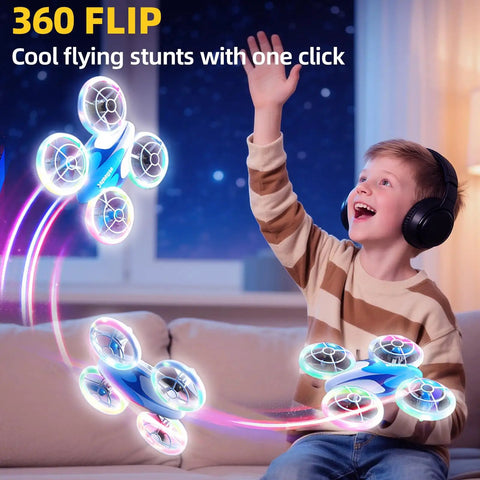 Child playing with Kids Friendly LED Drone With Propeller Guards And 360 Flips, 3 Batteries For Up To 24 Minutes, remote control.
