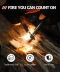 Hands striking Ferro Rod Fire Starter Survival Tool All In One Flint And Steel Kit Waterproof No Fuss Get Your Fire Going Fast
