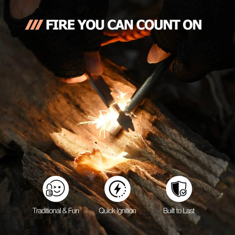 Hands striking Ferro Rod Fire Starter Survival Tool All In One Flint And Steel Kit Waterproof No Fuss Get Your Fire Going Fast