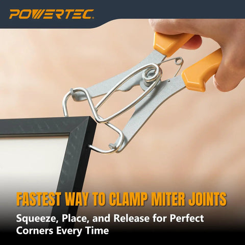 Miter Spring Clamps Kit With Spring Loaded Pliers clamping a picture frame corner