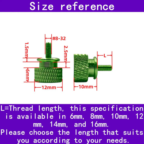 Green textured thumb screws size reference chart with 8-32 thread and measurements for DIY PC case builds and modding projects.