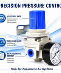 Adjustable Air Pressure Regulator For Compressors With Gauge From Zero To One Hundred Sixty PSI showing blue knob and gauge