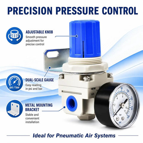 Adjustable Air Pressure Regulator For Compressors With Gauge From Zero To One Hundred Sixty PSI showing blue knob and gauge