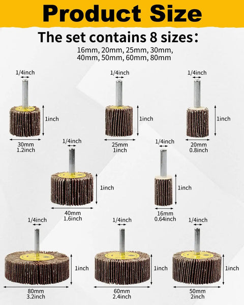 8 Piece Flap Wheel Sander Set With One Quarter Inch Shank, 80 Grit Flapper Wheels In 8 Sizes, Cylindrical Shape For Rust And Paint Removal And Polishing, Heavy Duty Aluminum Oxide Abrasive, Long Lasting displayed in various sizes from 16mm to 80mm.