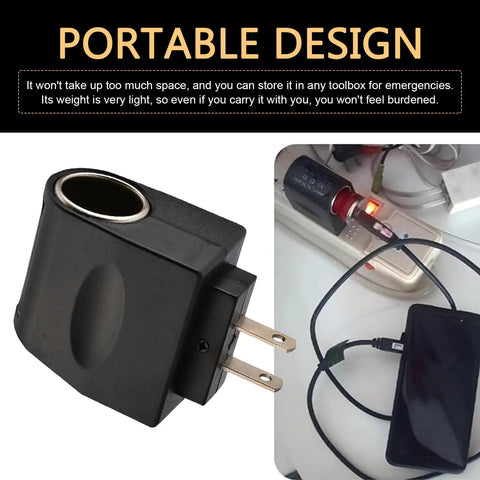 220V To 12V AC DC Converter Wall Outlet Cigarette Lighter Adapter Built Tough No Sweat Plug And Play Voltage Step Down Module For Car Truck Power Inverter Black, portable design image showing compact adapter and charging phone.