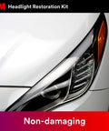 Close-up of car headlight after using Two Pack Headlight Lens Restoration Kit Medium Duty No Tools Required Restores Cloudy Yellowed