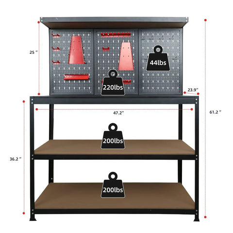 Heavy Duty Steel Workbench With Pegboard Shelves And Wide Top 330 Lb Capacity Multipurpose Garage And Workshop Storage Station