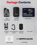 Golf Rangefinder With Slope And 1200 Yard Range, 7X Magnification, Magnetic Bracket, Flag Pole Lock, USB C Rechargeable, GolfVue Series 1 Pro package contents including rangefinder, case, and accessories.