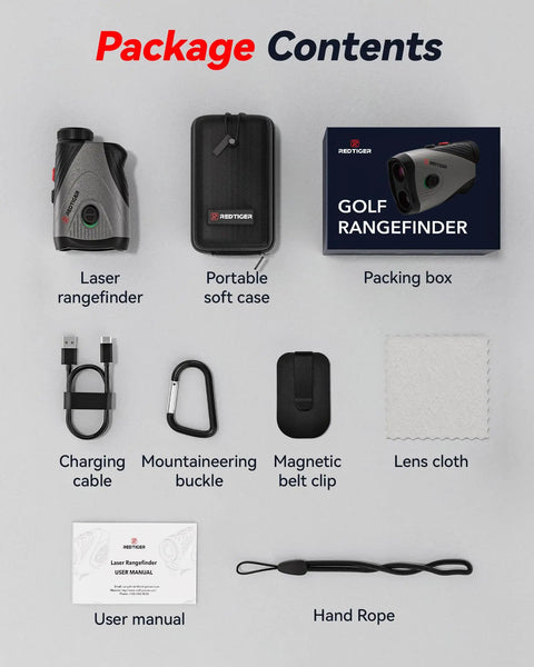 Golf Rangefinder With Slope And 1200 Yard Range, 7X Magnification, Magnetic Bracket, Flag Pole Lock, USB C Rechargeable, GolfVue Series 1 Pro package contents including rangefinder, case, and accessories.