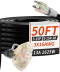Long 50 Foot 16/3 Outdoor Extension Cord With Three Outlets, Heavy Duty Black Power Cable For Yard Tools And Holiday Lighting, ETL Listed, NEMA 5-15P To 5-15R, Weather Resistant, 1625 Watt, 13 Amp. Coiled black 50 ft 3-outlet cord
