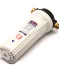 Exterior RV Water Filter Kit With KDF Media And GAC For Contaminant Protection shown in white housing with brass fittings