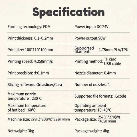 Specifications sheet for Kid Friendly 3D Printer For Beginners With Auto Leveling And High Speed Printing Direct Drive Extruder.