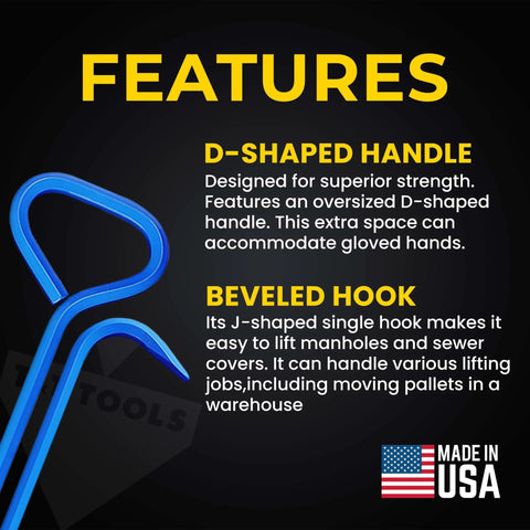 Blue 30-inch manhole cover hook tool with a D-shaped handle and single J-hook, alloy steel