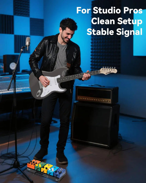 Musician using Guitar Pedal Board With Power Supply 10 Isolated Outputs Aluminum Alloy Portable Pedal Board With Bag
