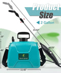 Battery Powered Garden Sprayer With USB Rechargeable Handle, Two Gallon Capacity, hose extended showing product size
