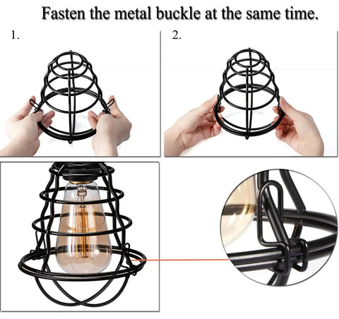 Metal Light Cage Guard 4 Pack being assembled, showing hands fastening metal buckle around black cage for pendant lights.