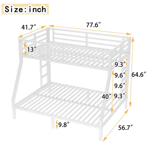 Heavy Duty Twin Over Full Metal Bunk Bed With Dual Ladders Rock Solid Steel Construction White Finish dimensions labeled image