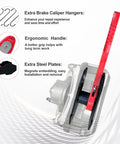 Brake caliper piston compressor tool kit with red handle and 4 hooks, steel plates, side view