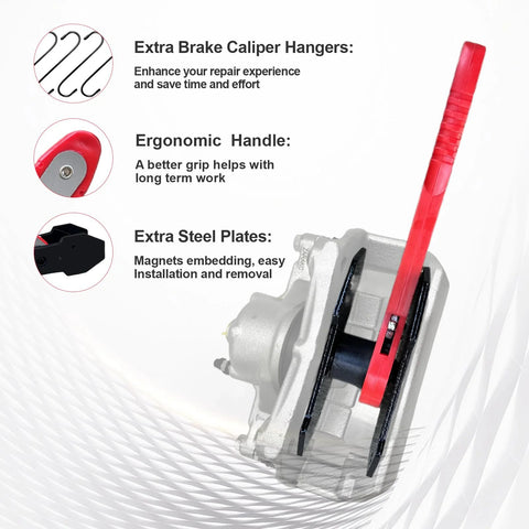Brake caliper piston compressor tool kit with red handle and 4 hooks, steel plates, side view