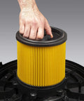 Hand installing Standard Cartridge Filter And Retainer For Dry Pickup Only In 5 To 16 Gallon Wet And Dry Vacuums Ideal For Household Dirt Debris And Sawdust Compatible With Most 5 To 20 Gallon Vacuums Excluding VWM510 Easy Install And Durable Dust Filtration into vacuum base