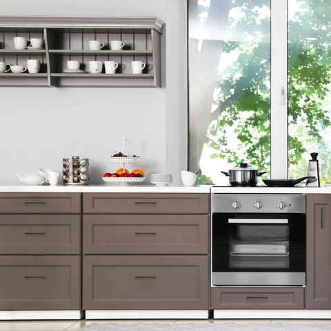Modern kitchen featuring 3 Pack Black Cabinet Pulls 3.75 Inch Hole Center Wide Foot Drawer Pulls for cabinets and drawers.