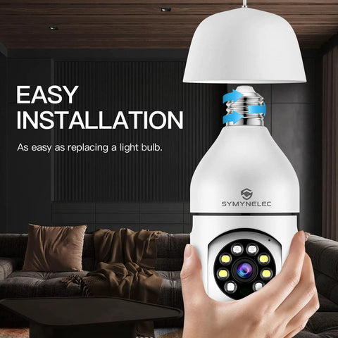 Person holding Plug And Play Light Bulb Security Camera 2K, 2.4GHz Wireless WiFi Bulb Cam with 360 Degree Pan Tilt in living room