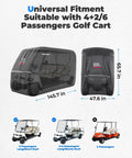600D Waterproof Golf Cart Cover Heavy Duty Universal Fit For 6 Seater Carts All Weather Rainproof With Storage Bag Tough As Nails Compatible With EZGO Club Car 6 4 2 Passenger Black shown on different golf cart models