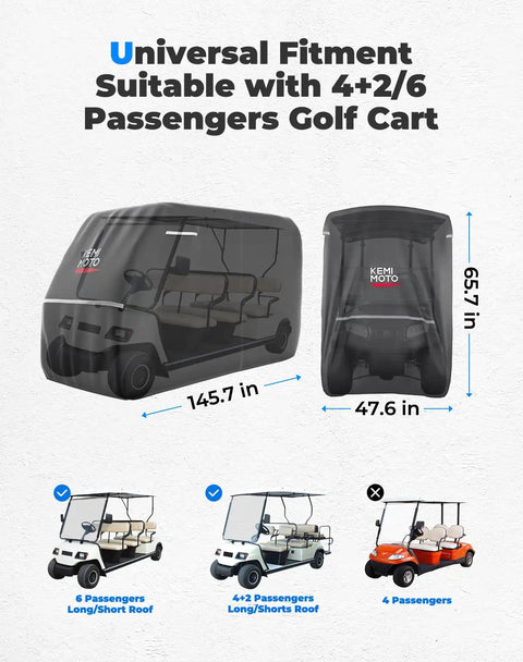 600D Waterproof Golf Cart Cover Heavy Duty Universal Fit For 6 Seater Carts All Weather Rainproof With Storage Bag Tough As Nails Compatible With EZGO Club Car 6 4 2 Passenger Black shown on different golf cart models