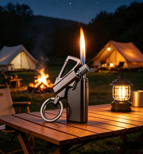 Infinity Forever Match Lighter With Multitool Keychain Bottle Opener for outdoor survival on table, lit flame, night camping scene.