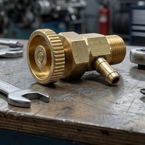 Fuel Bleeder Valve For Injector Pump Replacement, Engine Compatible Part 6598102, brass metal fitting with threaded hose barb