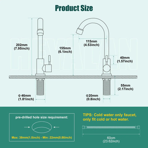 Slick Single Handle Gooseneck Bar Sink Faucet Finished In Brushed Nickel And Built From Commercial Grade SUS304 Stainless Steel dimensions diagram