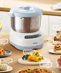 Joydeem electric dough maker with ferment function, 7.4 Qt, white base and stainless steel bowl, front view