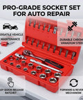 Knock Out Tough Shop Tasks With This Badass 3/8 Inch Drive 36 Piece Socket Ratchet Wrench Set Packing smooth chrome steel extensions and universal joints.