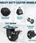 Four 3-inch nylon plate-swivel casters with brakes; heavy-duty, 4400 lb capacity, corrosion-resistant equipment front view