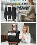 Woman using underseat carry on luggage with spinner wheels 16 inch rolling laptop bag for women, visible bottle pocket, in airport