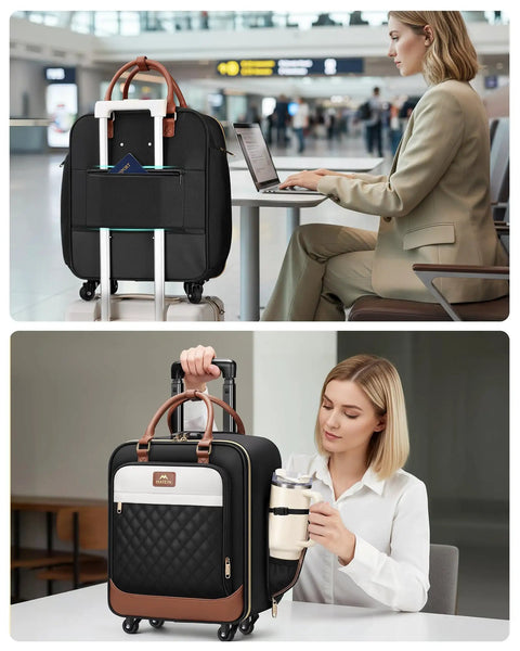 Woman using underseat carry on luggage with spinner wheels 16 inch rolling laptop bag for women, visible bottle pocket, in airport