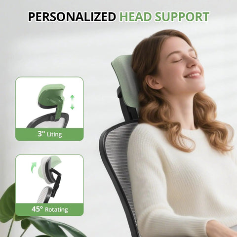 Woman relaxing on ergonomic office chair for long hours boss level comfort high back desk chair with adjustable headrest and lumbar support