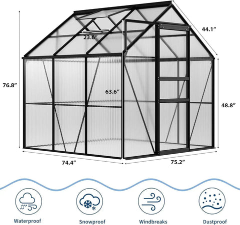 Six By Six Foot Outdoor Greenhouse Kit With Heavy Duty Aluminum Frame Built To Last, Insulated Polycarbonate Panels shown with dimensions
