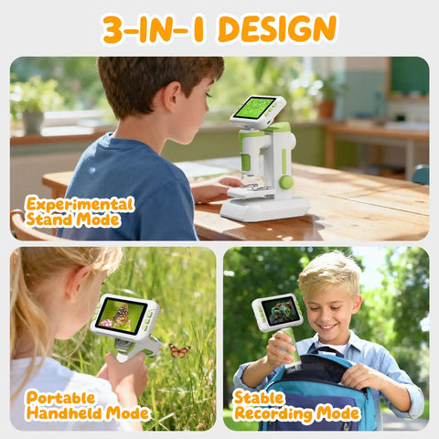 Kid Friendly 1600X Microscope With 4 Inch Digital Screen And 1080P Live View Slides Kit STEM Educational Science Toy For 3 To 14 Year Olds Perfect Christmas Or Birthday Gift For Curious Young Scientists showing 3-in-1 modes