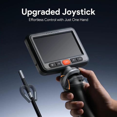5 Inch IPS Screen Articulating Borescope Endoscope Camera With Light 210 Degree Two Way Articulation For Hard To Reach Corners And Hidden Issues In Engines Pipes And Ducts, hand holding joystick