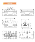 Technical drawing of Dead Nuts Precise Self Centering Vise for Five Axis CNC Machines with dimensions labeled.