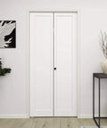 36 Inch By 80 Inch Bifold Barn Door With Hardware Kit White Primed Single Panel Shaker Style Interior Door For Closets Pantries And Laundry Rooms Hollow Core Construction Ready To Paint installed in living room