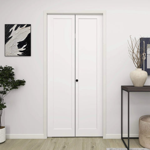 36 Inch By 80 Inch Bifold Barn Door With Hardware Kit White Primed Single Panel Shaker Style Interior Door For Closets Pantries And Laundry Rooms Hollow Core Construction Ready To Paint installed in living room