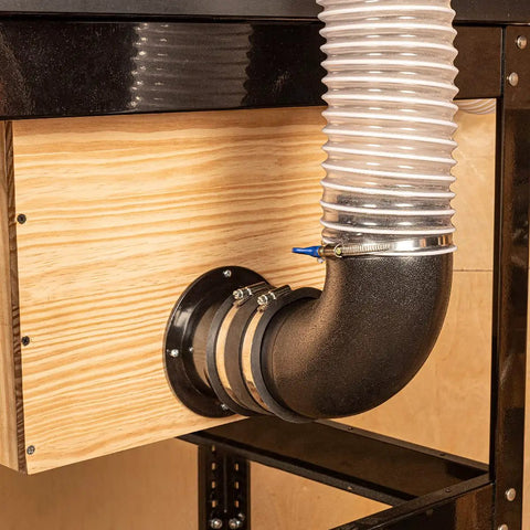 Installed 4 Inch Inlet Flange Dust Collection Ducting Connector For Attaching 4 Inch Hoses And Machine Ports In Woodworking Shops